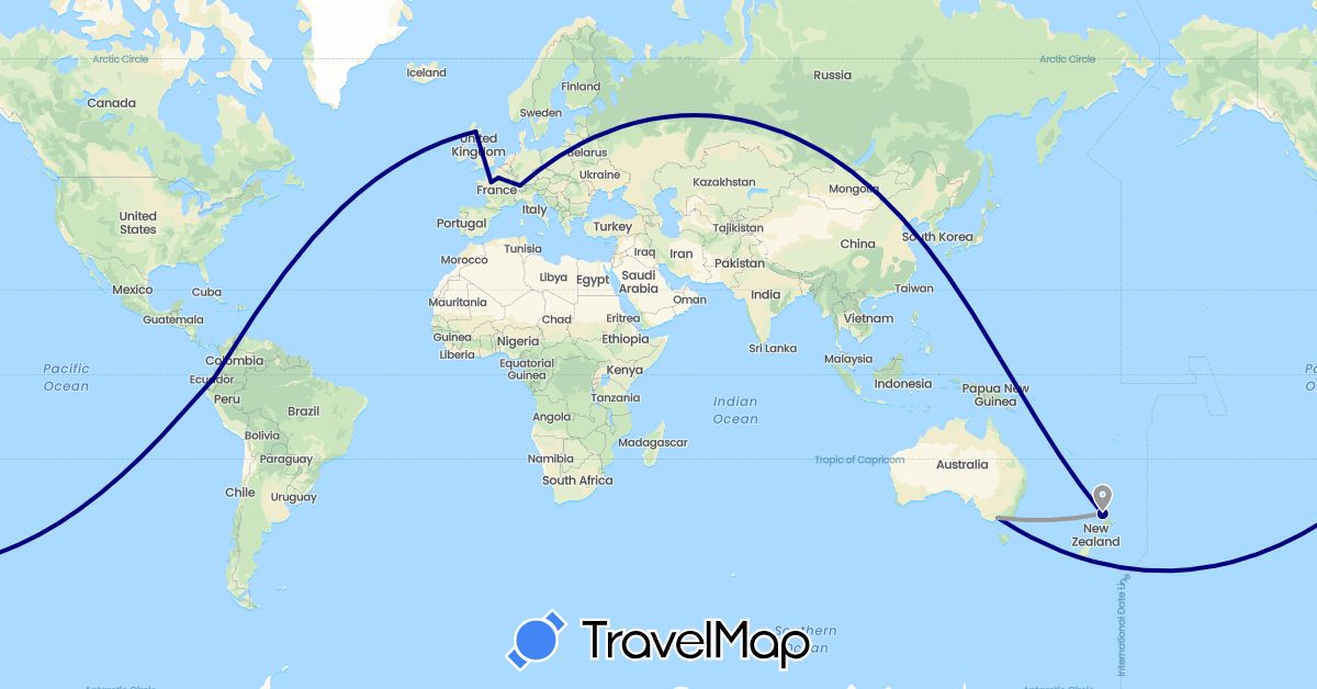 TravelMap itinerary: driving, plane in Australia, Switzerland, Ecuador, France, United Kingdom, New Zealand (Europe, Oceania, South America)